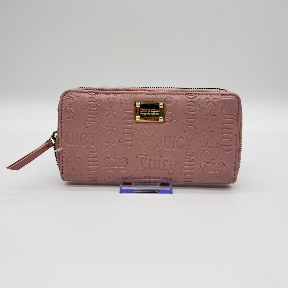 Juicy Couture Pink Embossed Logo Zip Around Wallet Gold Tone Plaque Crown Star